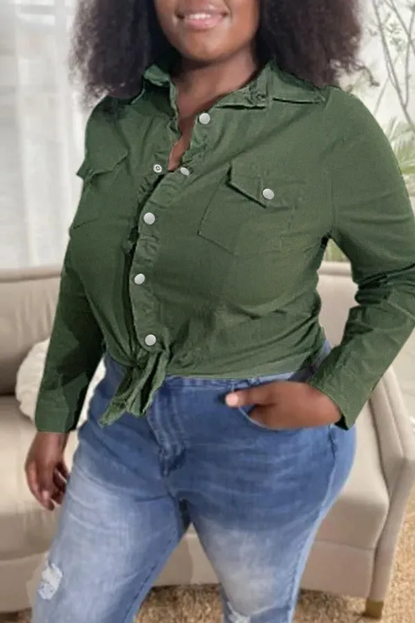 hulianfu - Army Green Fashion Casual Solid Patchwork Turndown Collar Long Sleeve Regular Denim Jacket