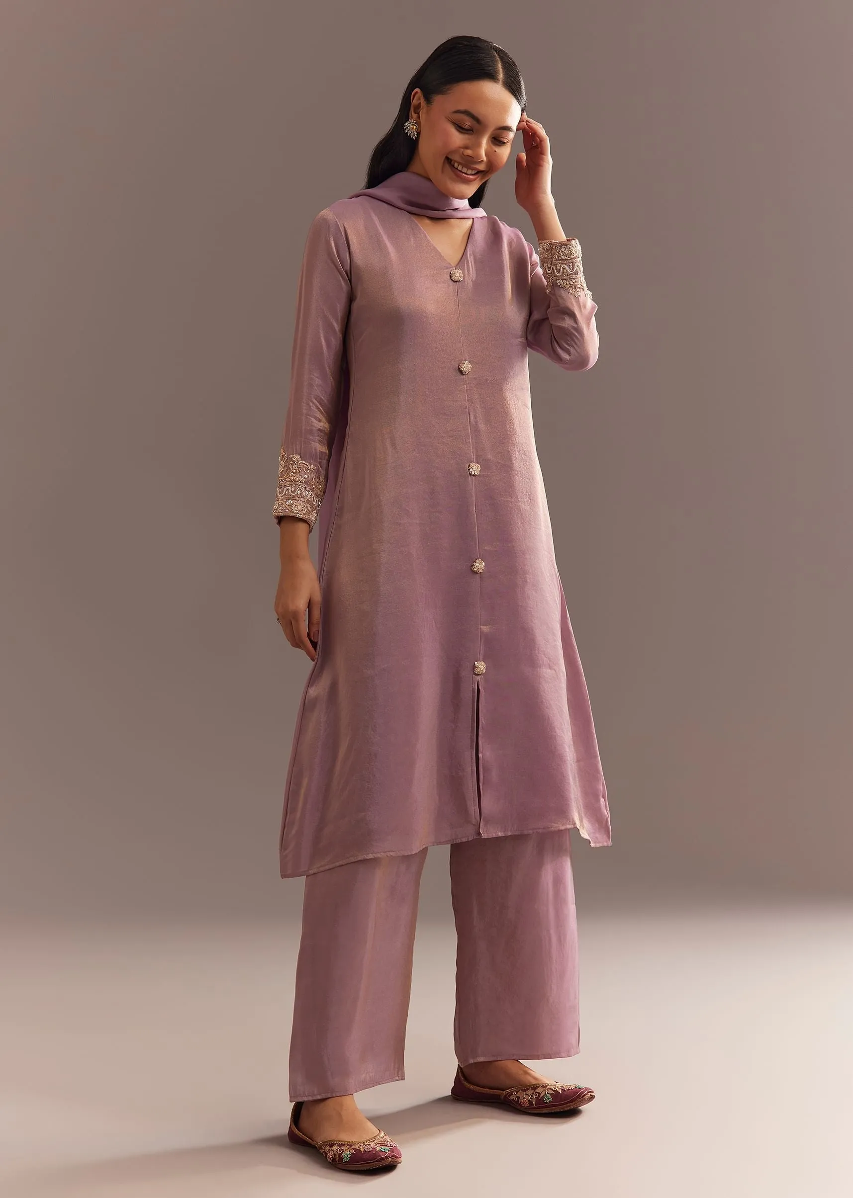 Lavender Tissue Embroidered Kurta Pant With Organza Dupatta