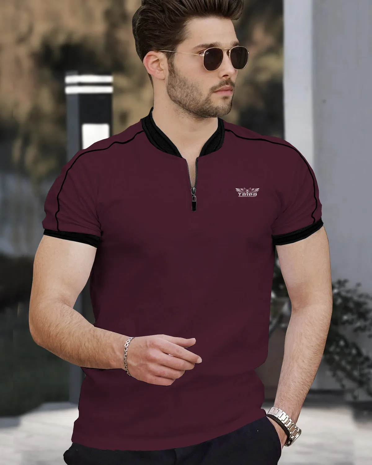 Men Maroon Zip-neck Half Sleeve Black Piping T-shirt
