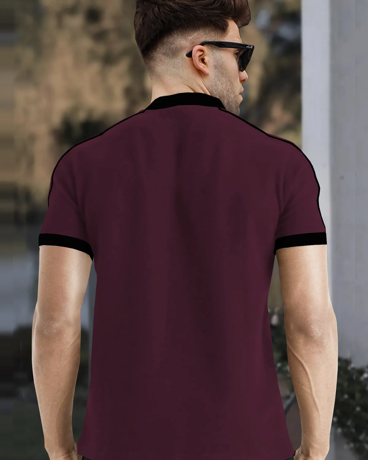 Men Maroon Zip-neck Half Sleeve Black Piping T-shirt