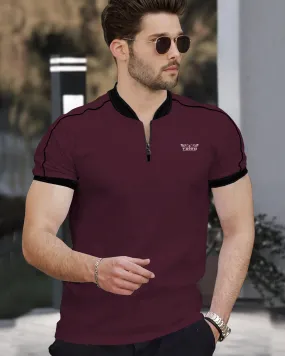 Men Maroon Zip-neck Half Sleeve Black Piping T-shirt