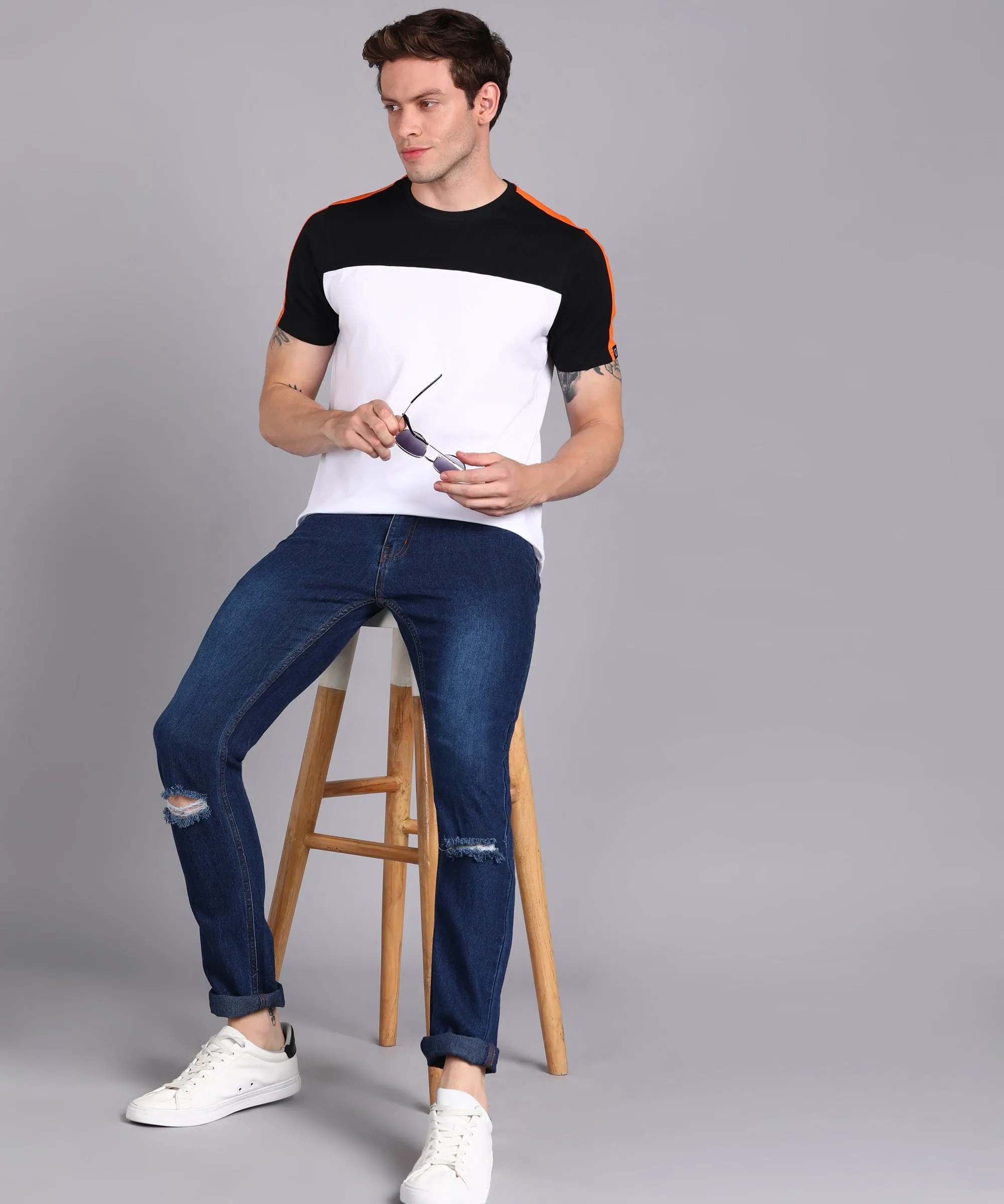 Men's Black, White, Orange Cotton Color-Block Slim Fit Half Sleeve T-Shirt