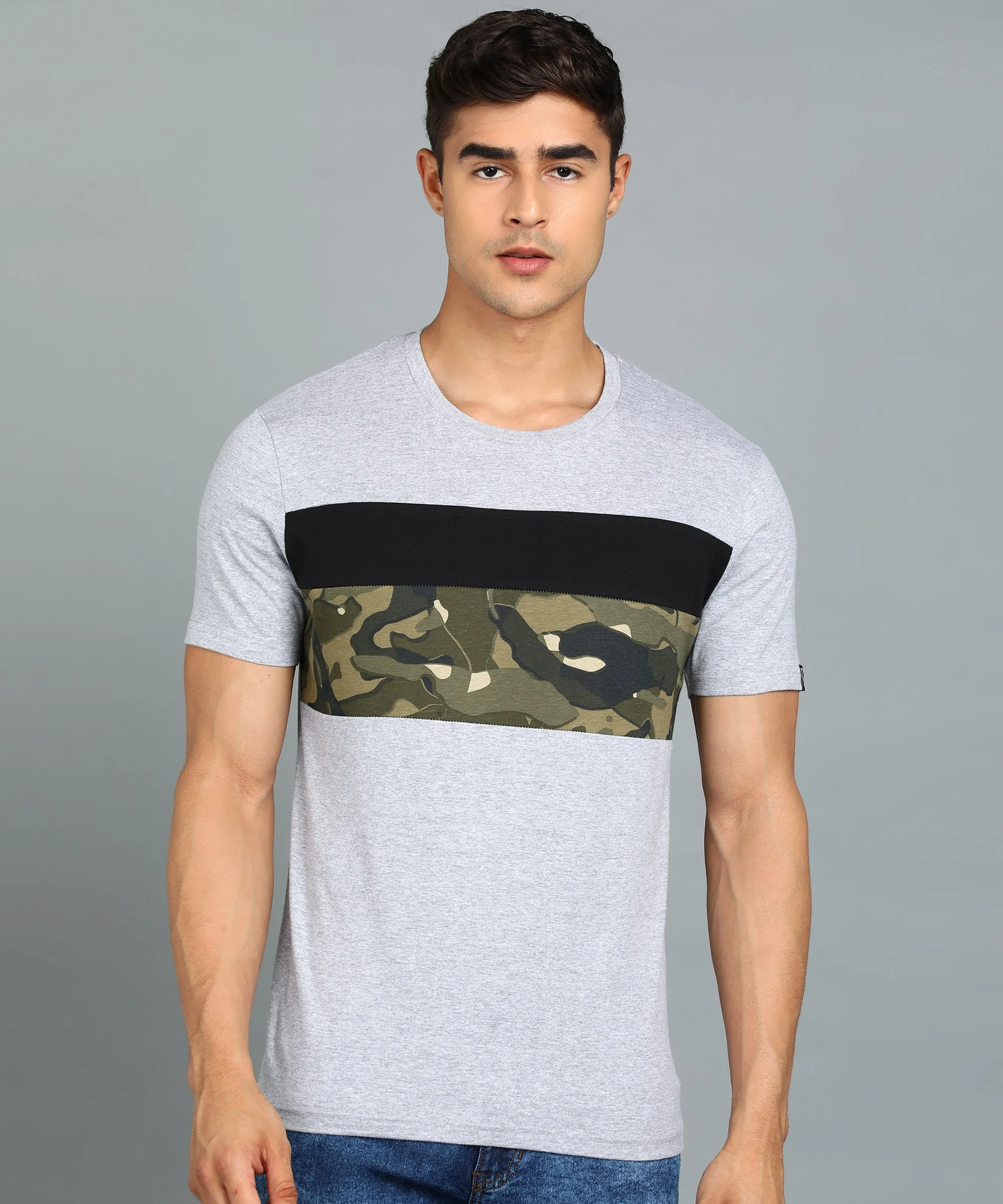 Men's Grey, Black Military Camouflage Printed Slim Fit Half Sleeve Cotton T-Shirt