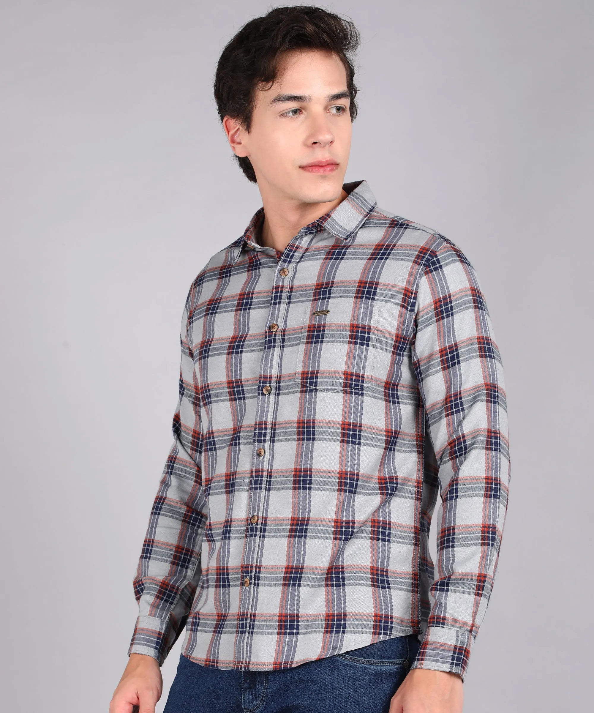 Men's Grey Cotton Full Sleeve Slim Fit Casual Checkered Shirt