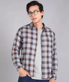 Men's Grey Cotton Full Sleeve Slim Fit Casual Checkered Shirt