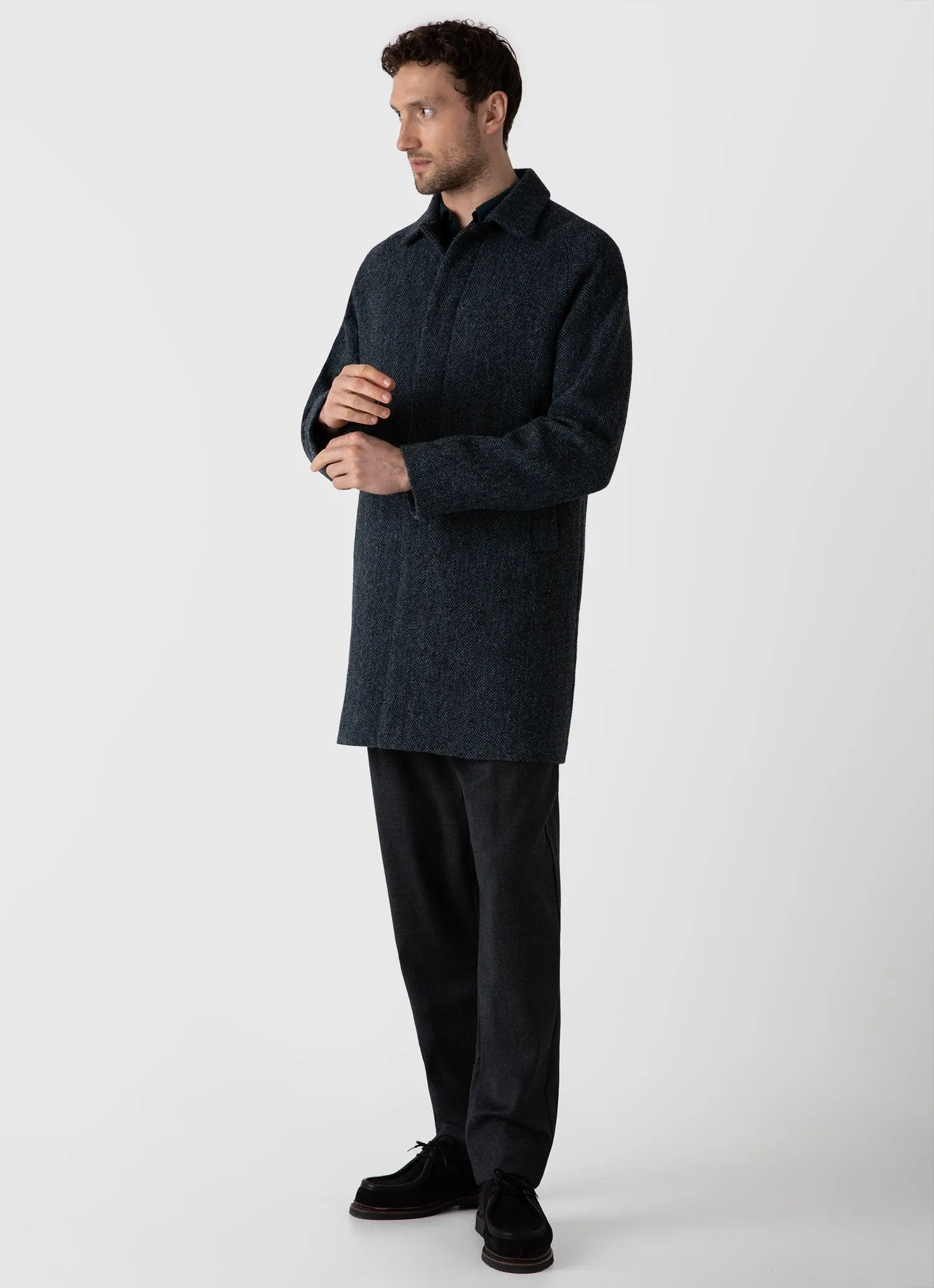 Harris Tweed Blue Herringbone Mens Car Coat