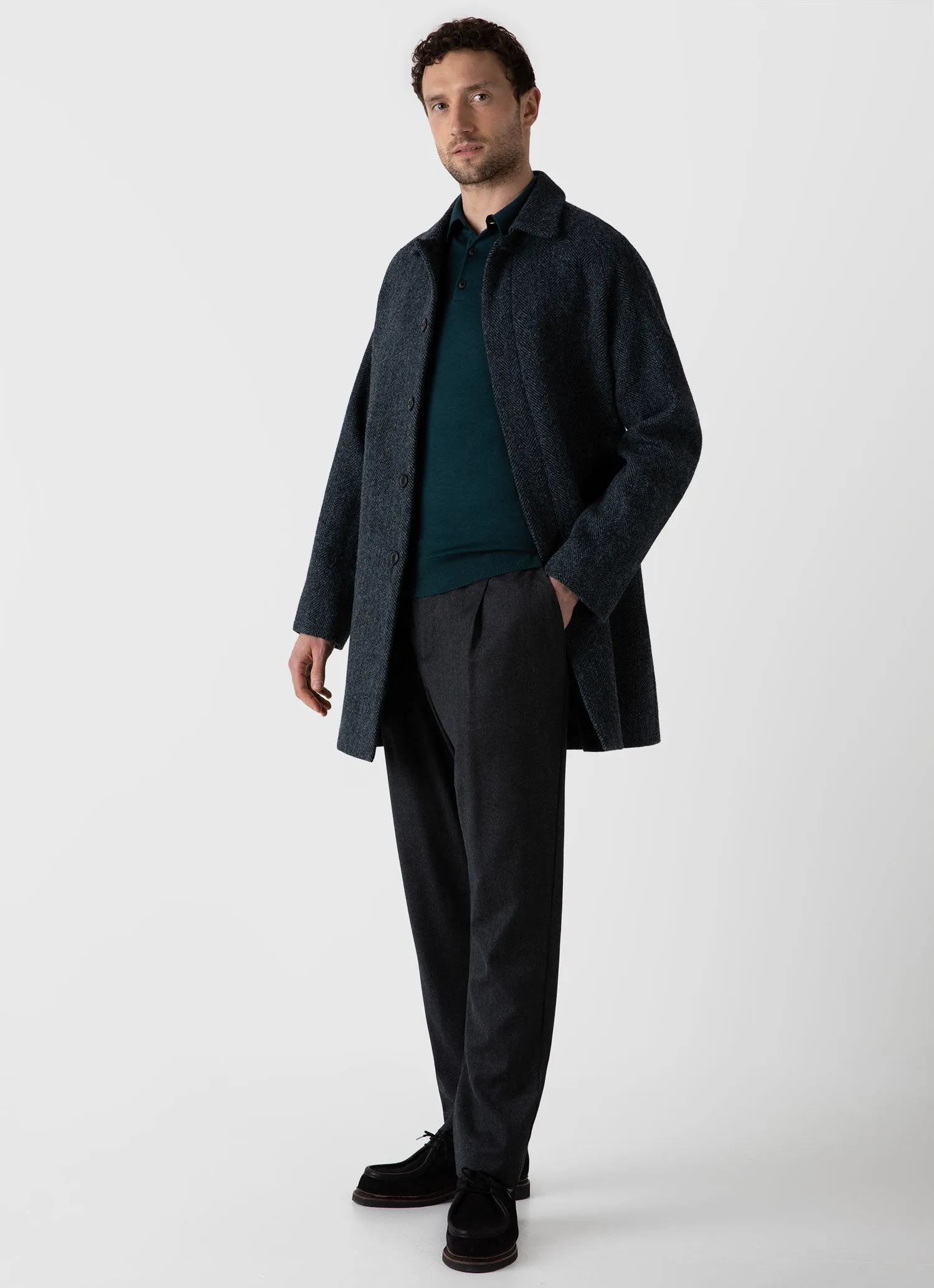 Harris Tweed Blue Herringbone Mens Car Coat