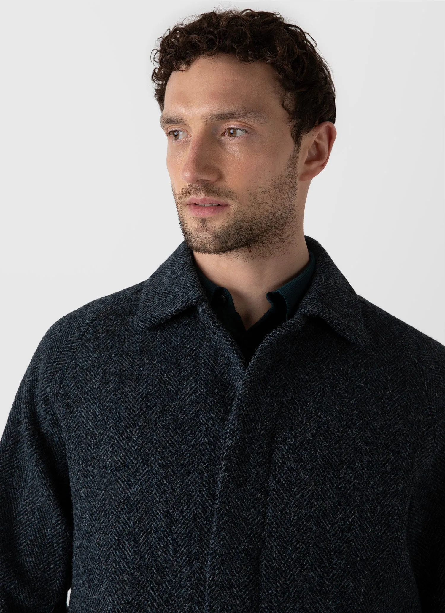 Harris Tweed Blue Herringbone Mens Car Coat