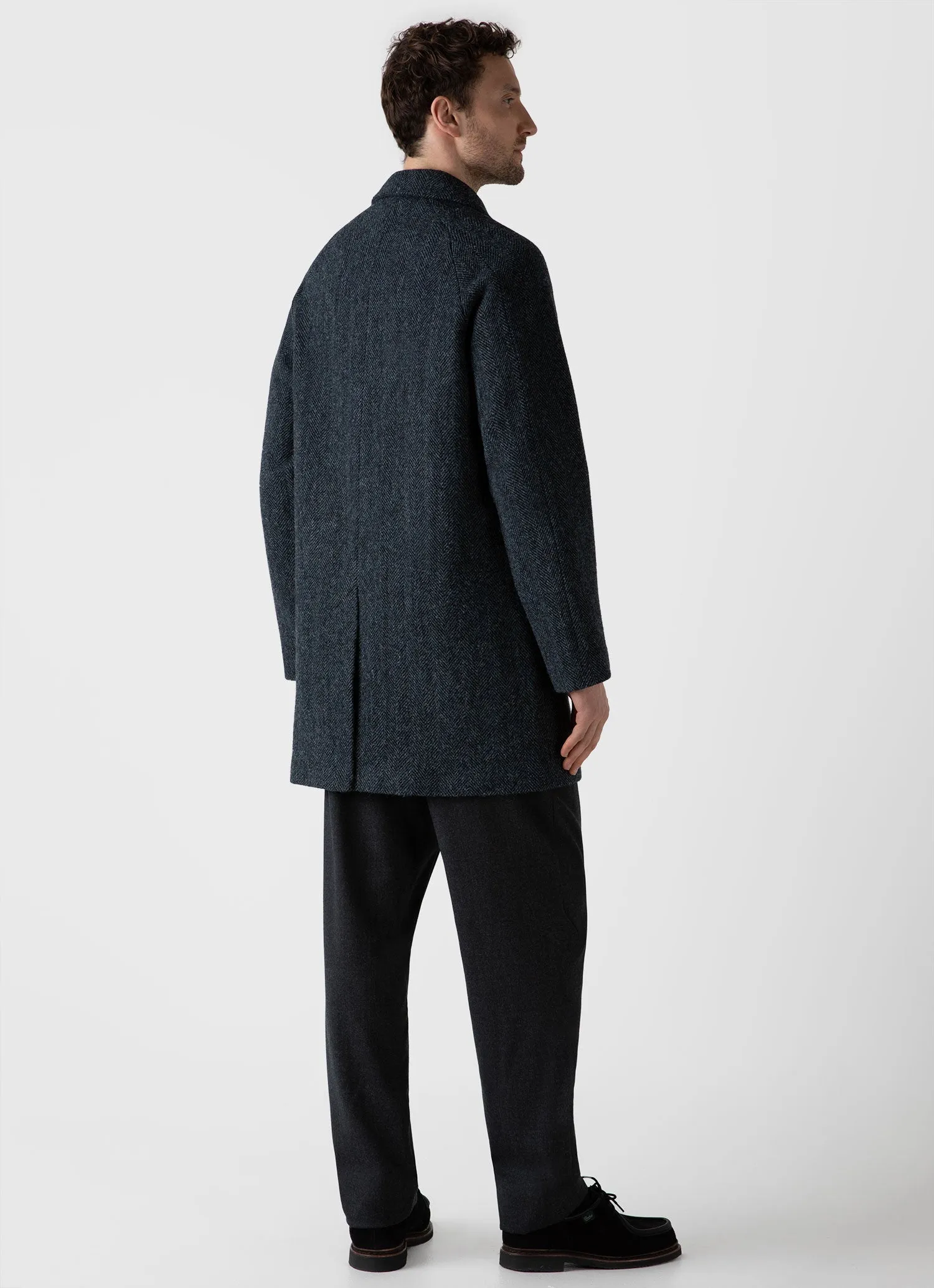 Harris Tweed Blue Herringbone Mens Car Coat