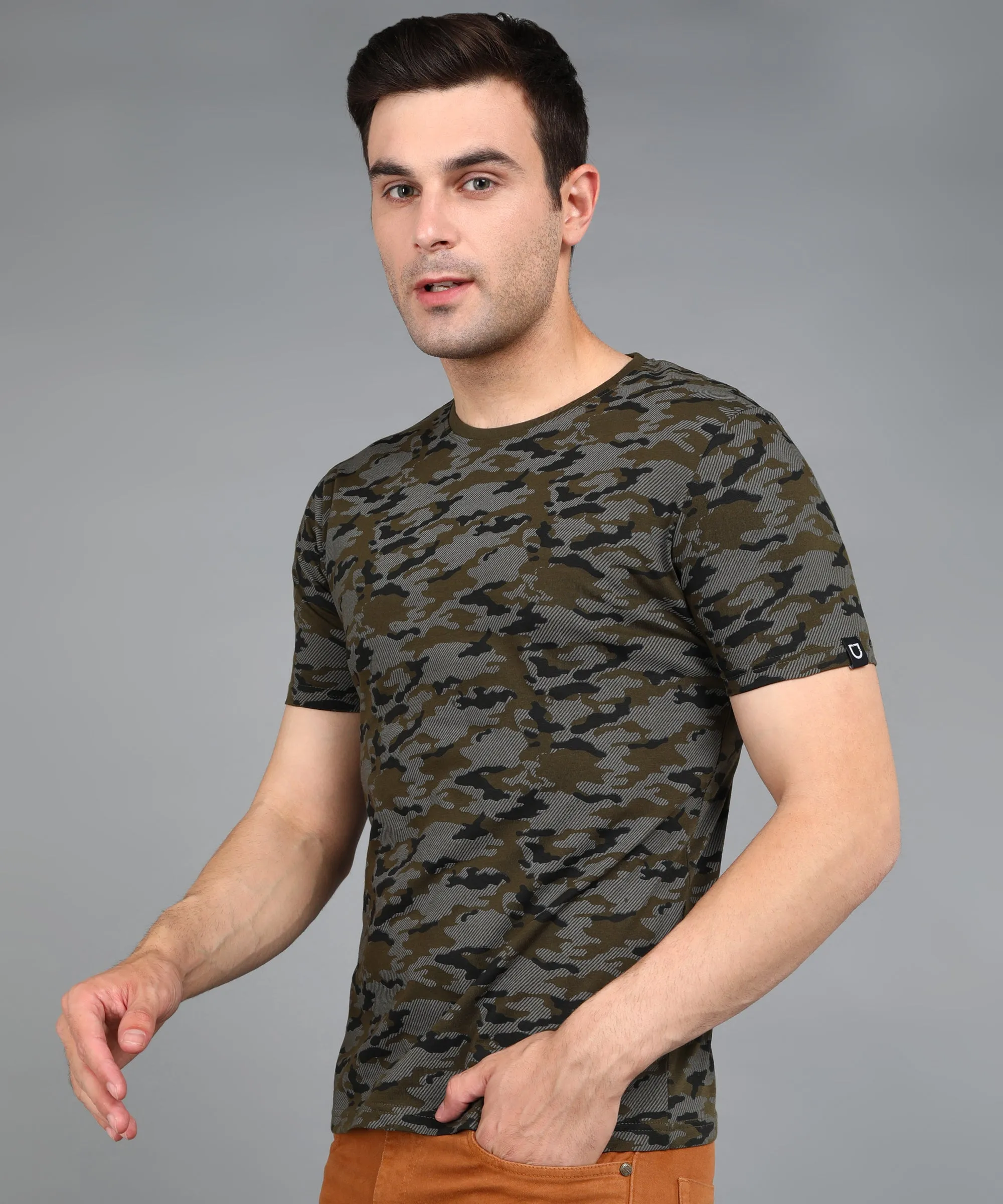 Men's Olive Military Camouflage Printed Slim Fit Half Sleeve Cotton T-Shirt