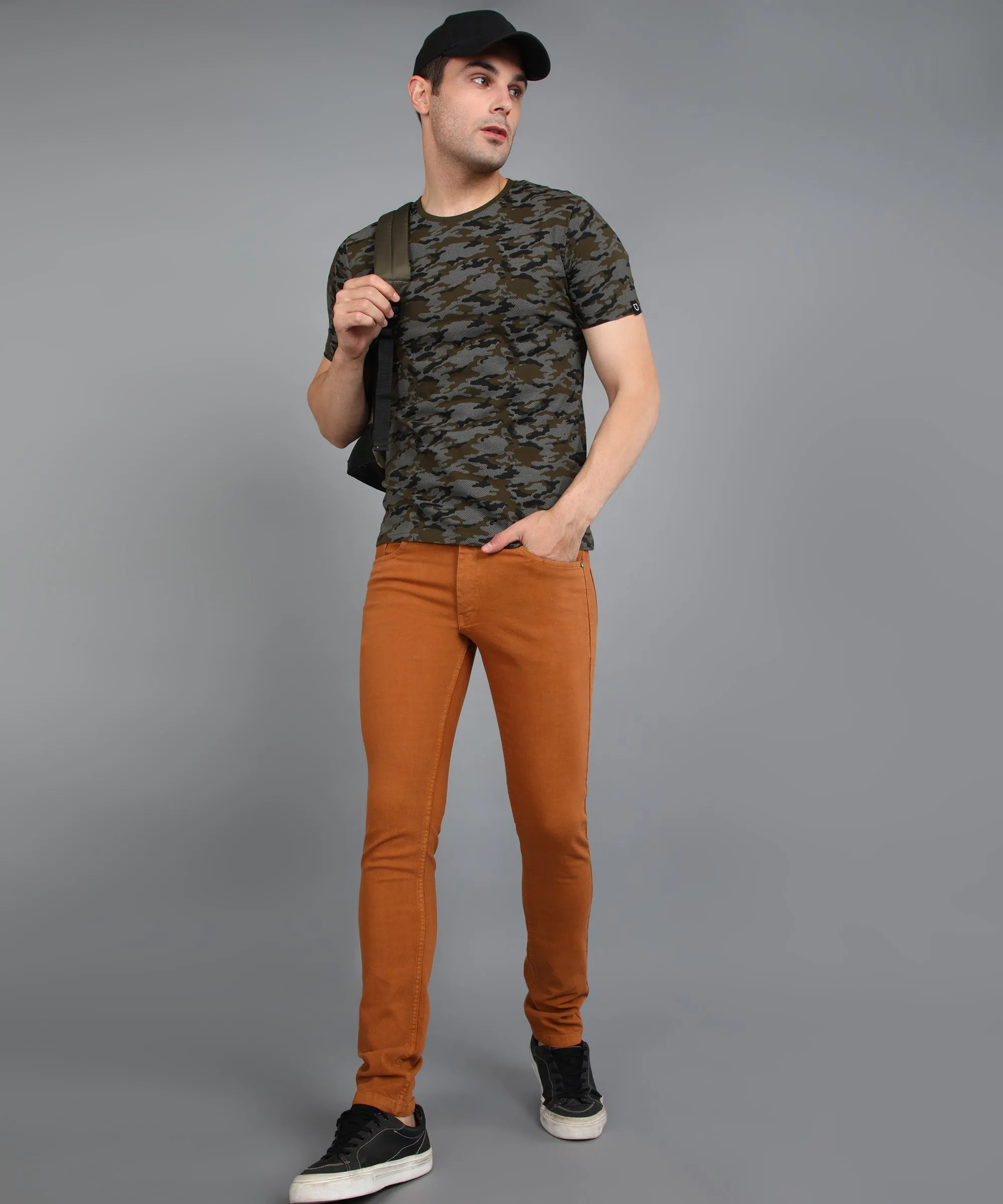 Men's Olive Military Camouflage Printed Slim Fit Half Sleeve Cotton T-Shirt