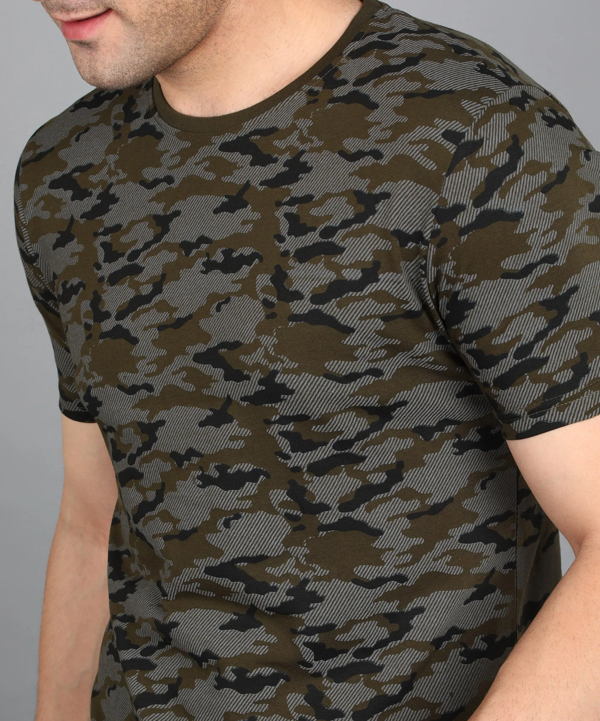 Men's Olive Military Camouflage Printed Slim Fit Half Sleeve Cotton T-Shirt