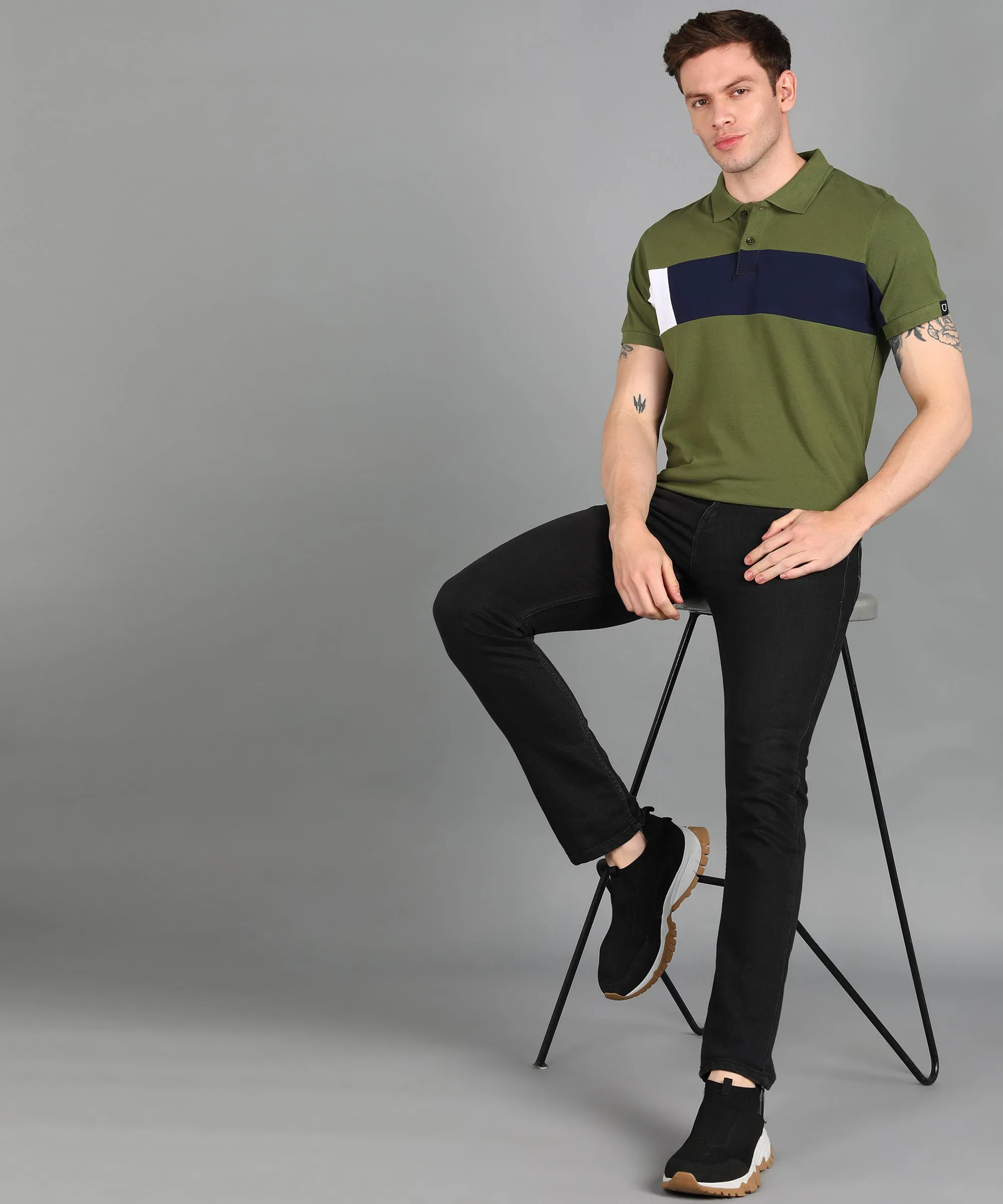 Men's Olive, Navy, White Colour-Block Slim Fit Half Sleeve Cotton Polo T-Shirt