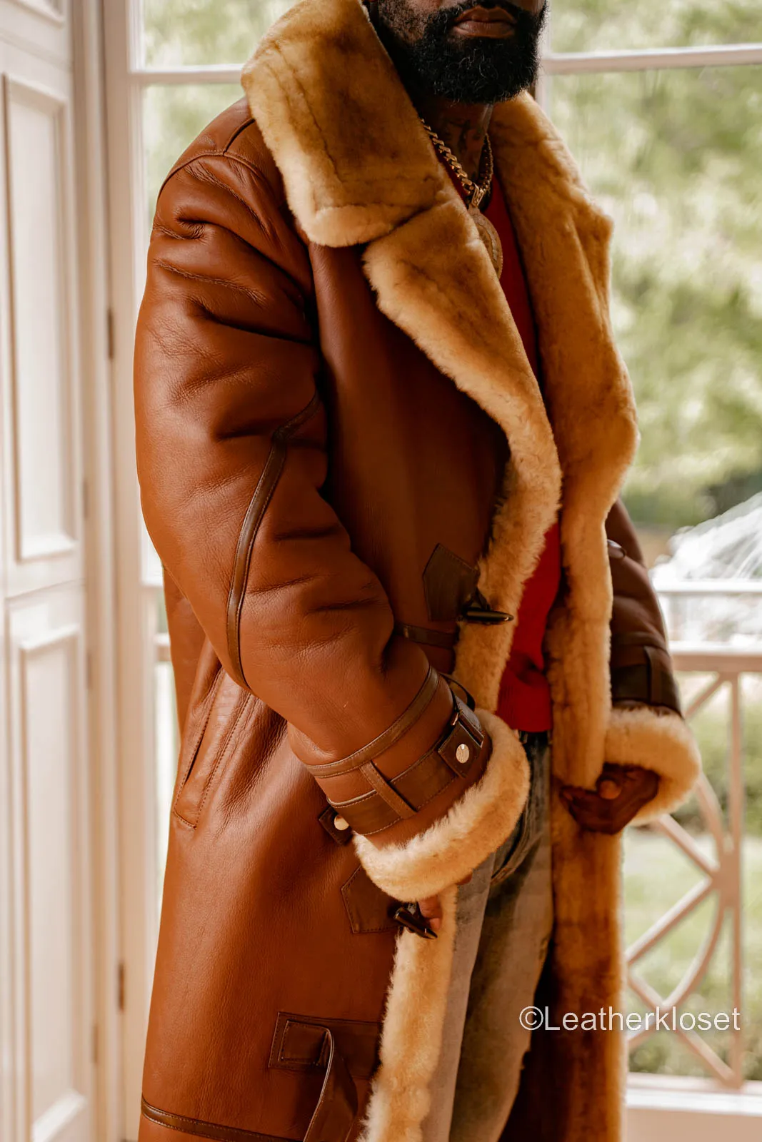Mens Luxurious Shearling-Lined Trench Coat