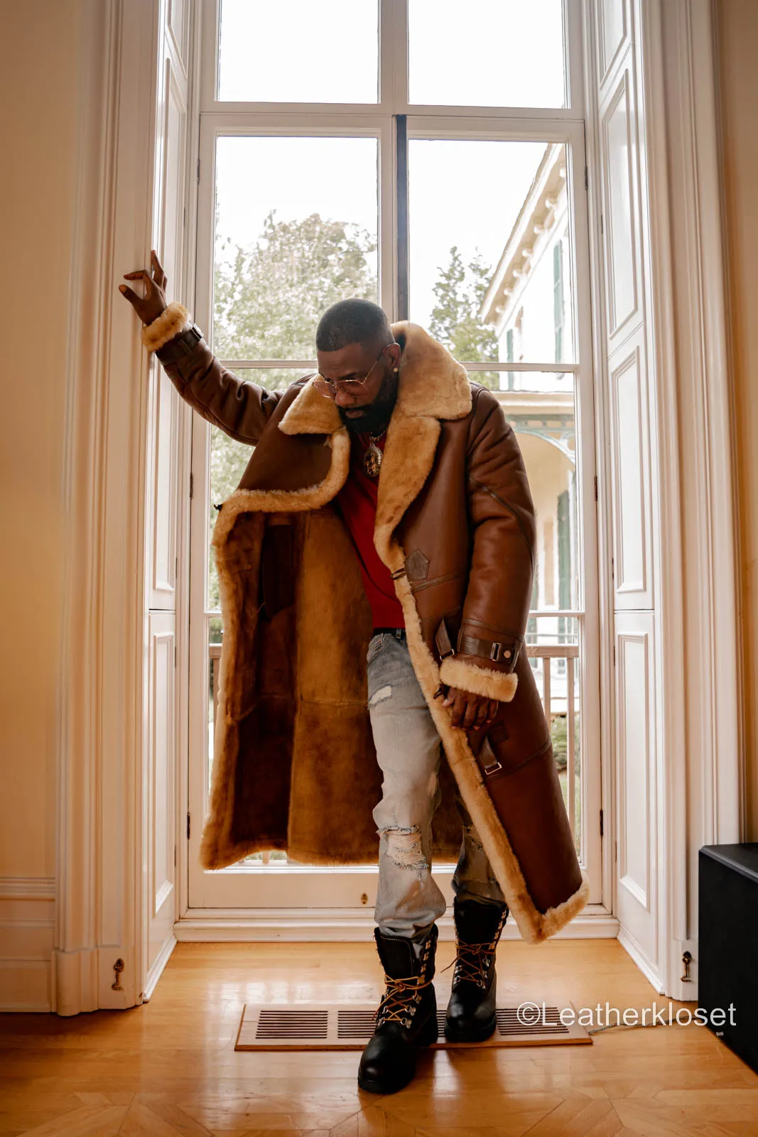 Mens Luxurious Shearling-Lined Trench Coat