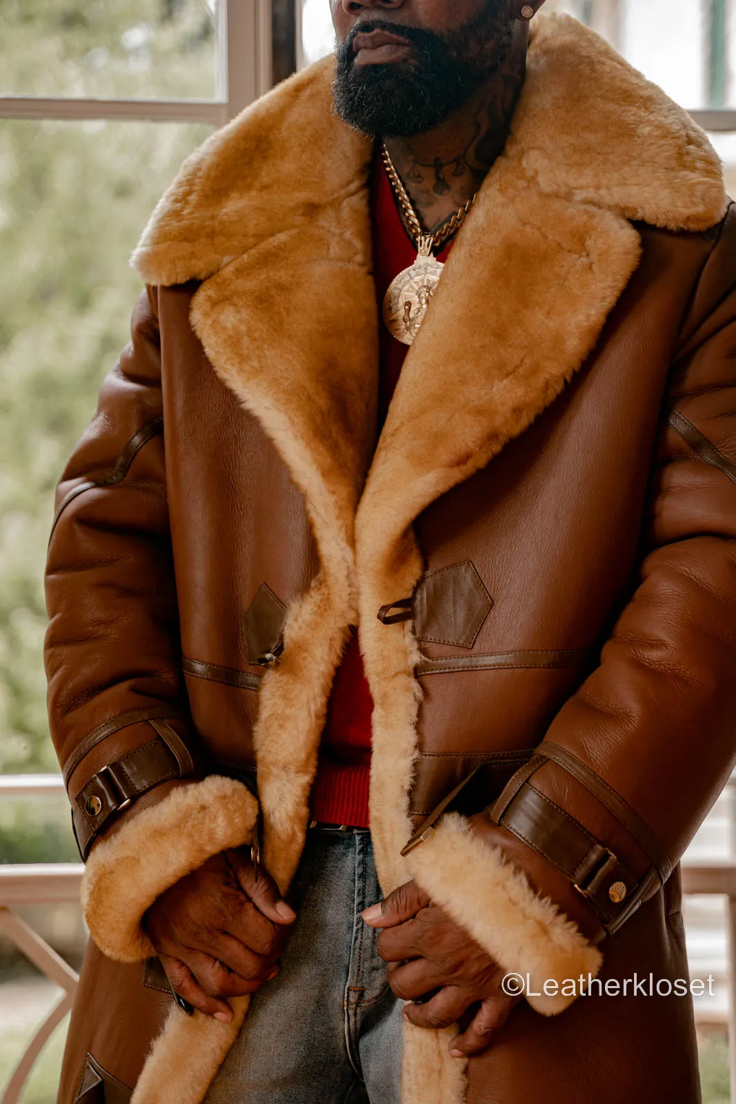 Mens Luxurious Shearling-Lined Trench Coat