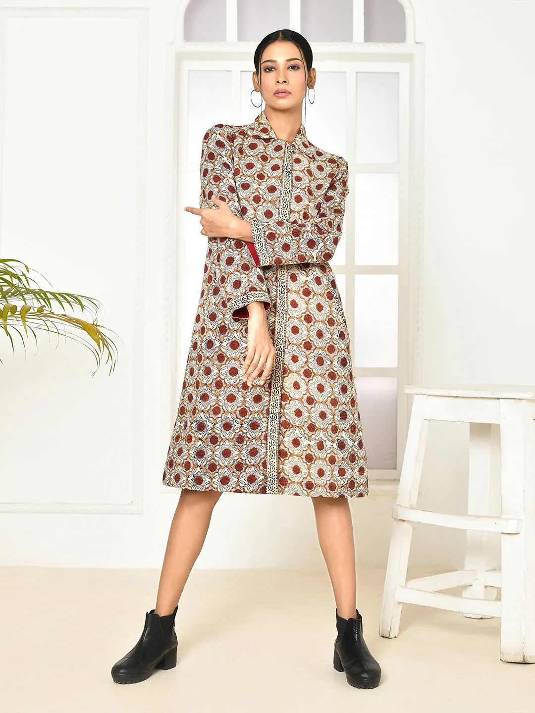 Mia Pure Cotton Dabu Printed Women's Long Coat