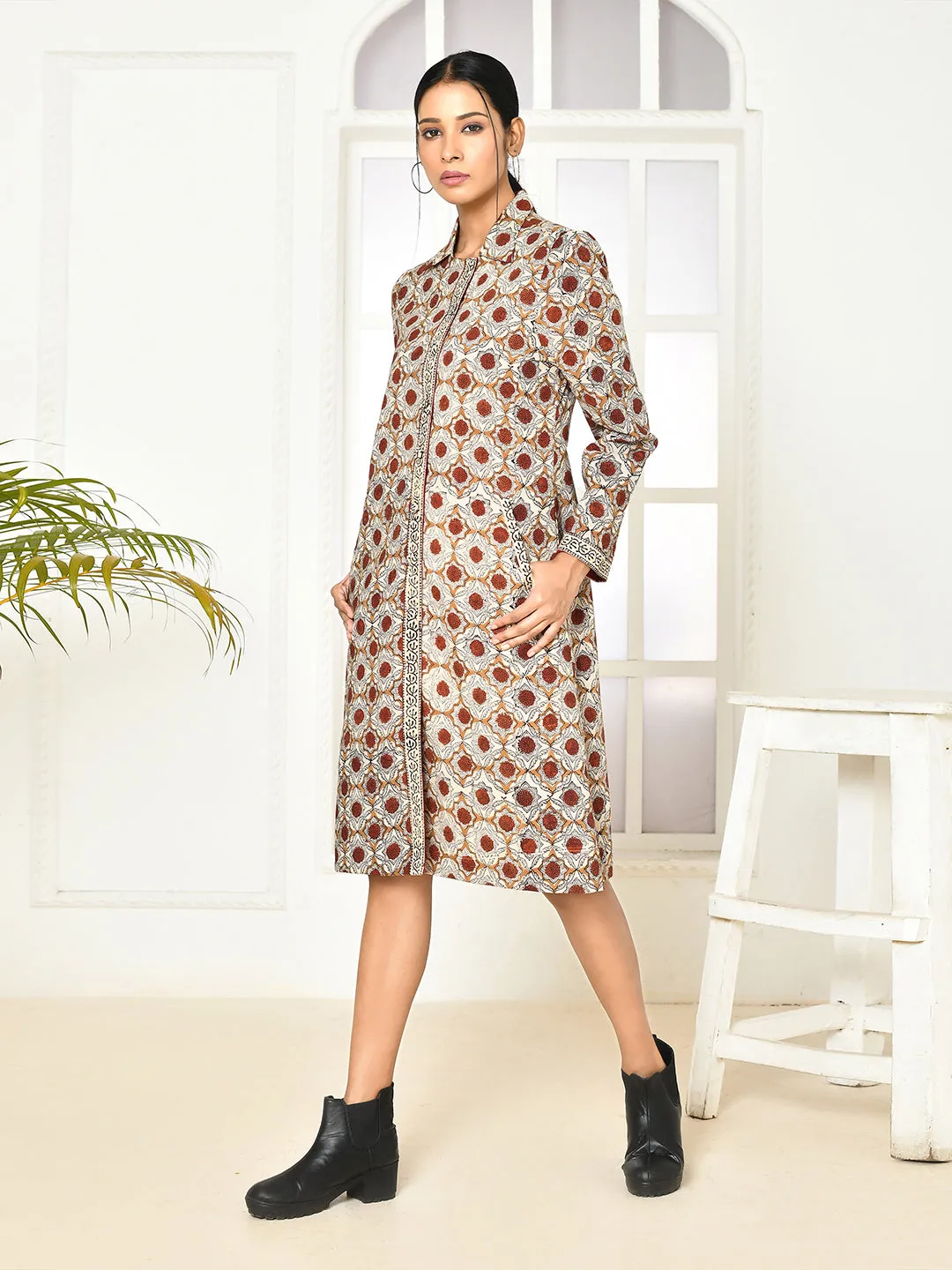 Mia Pure Cotton Dabu Printed Women's Long Coat