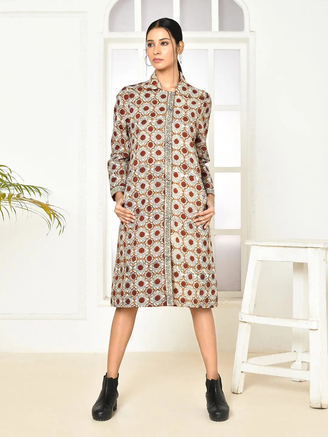 Mia Pure Cotton Dabu Printed Women's Long Coat