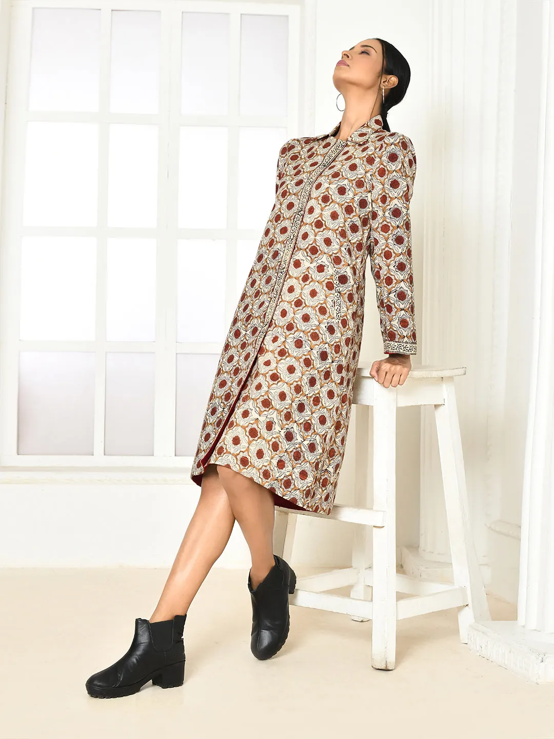 Mia Pure Cotton Dabu Printed Women's Long Coat