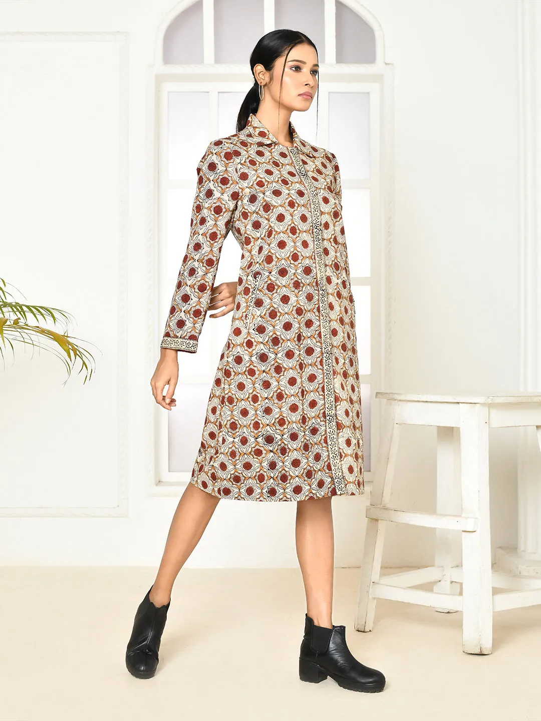 Mia Pure Cotton Dabu Printed Women's Long Coat