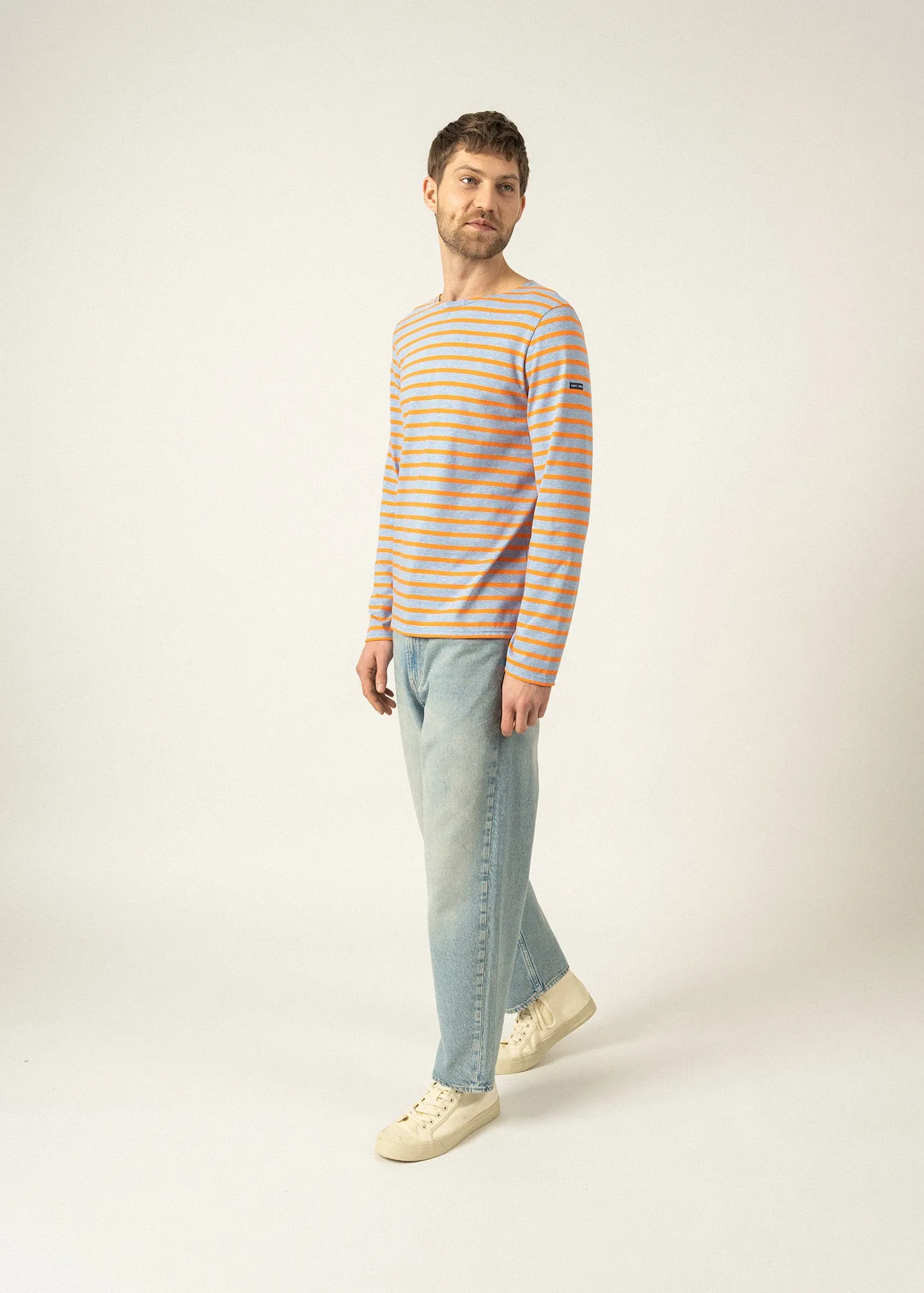 Minquiers unisex striped sailor shirt - regular fit, in light cotton (DENIM/ORANGE FLUO)