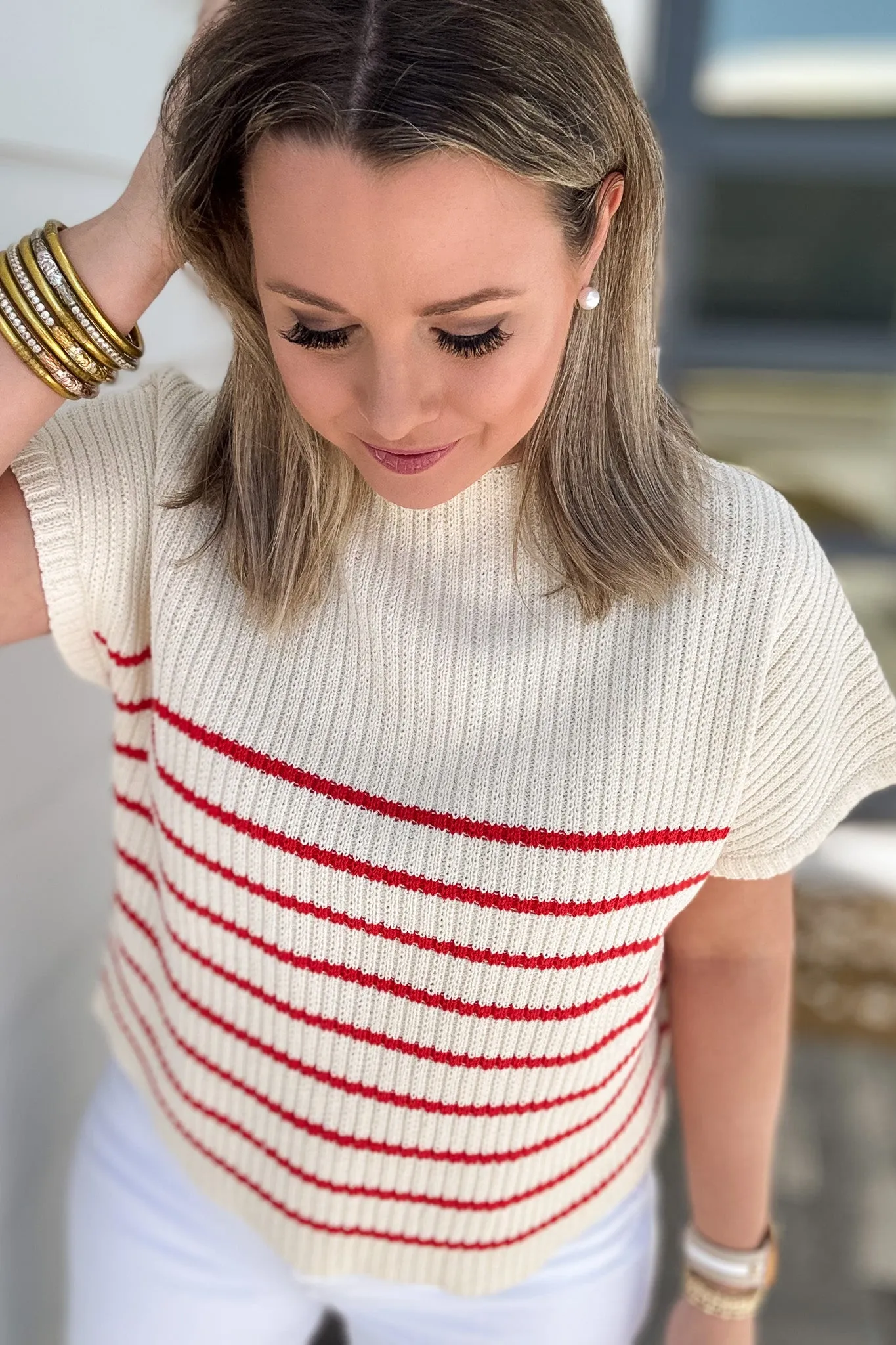 Nantucket Sweater Top - Cream   Red