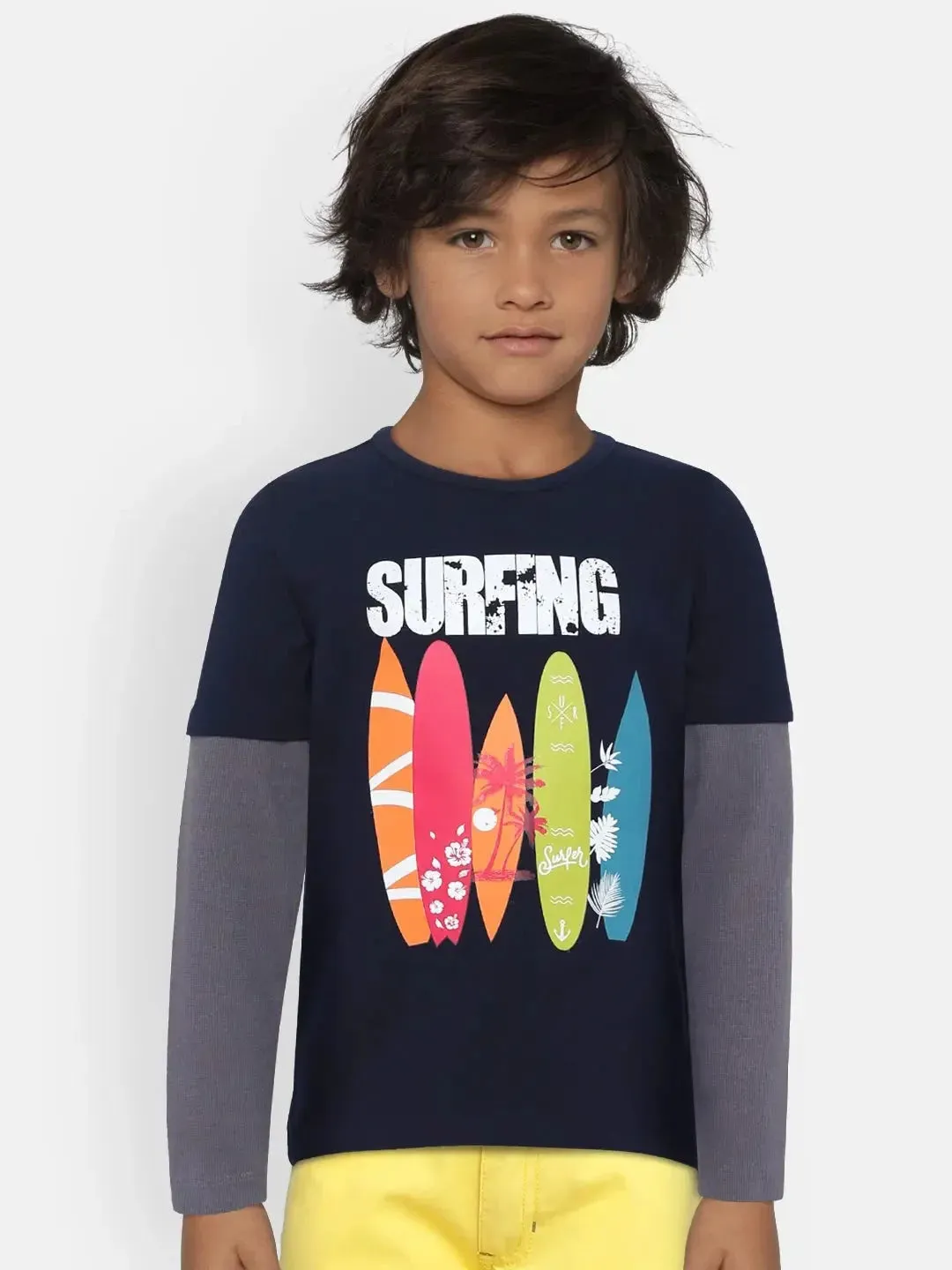 Navy Surfers Printed Colourblock Cotton T-shirt