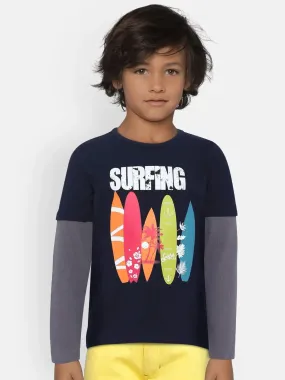 Navy Surfers Printed Colourblock Cotton T-shirt