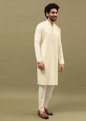 Off White Self Work Silk Kurta Set For Men