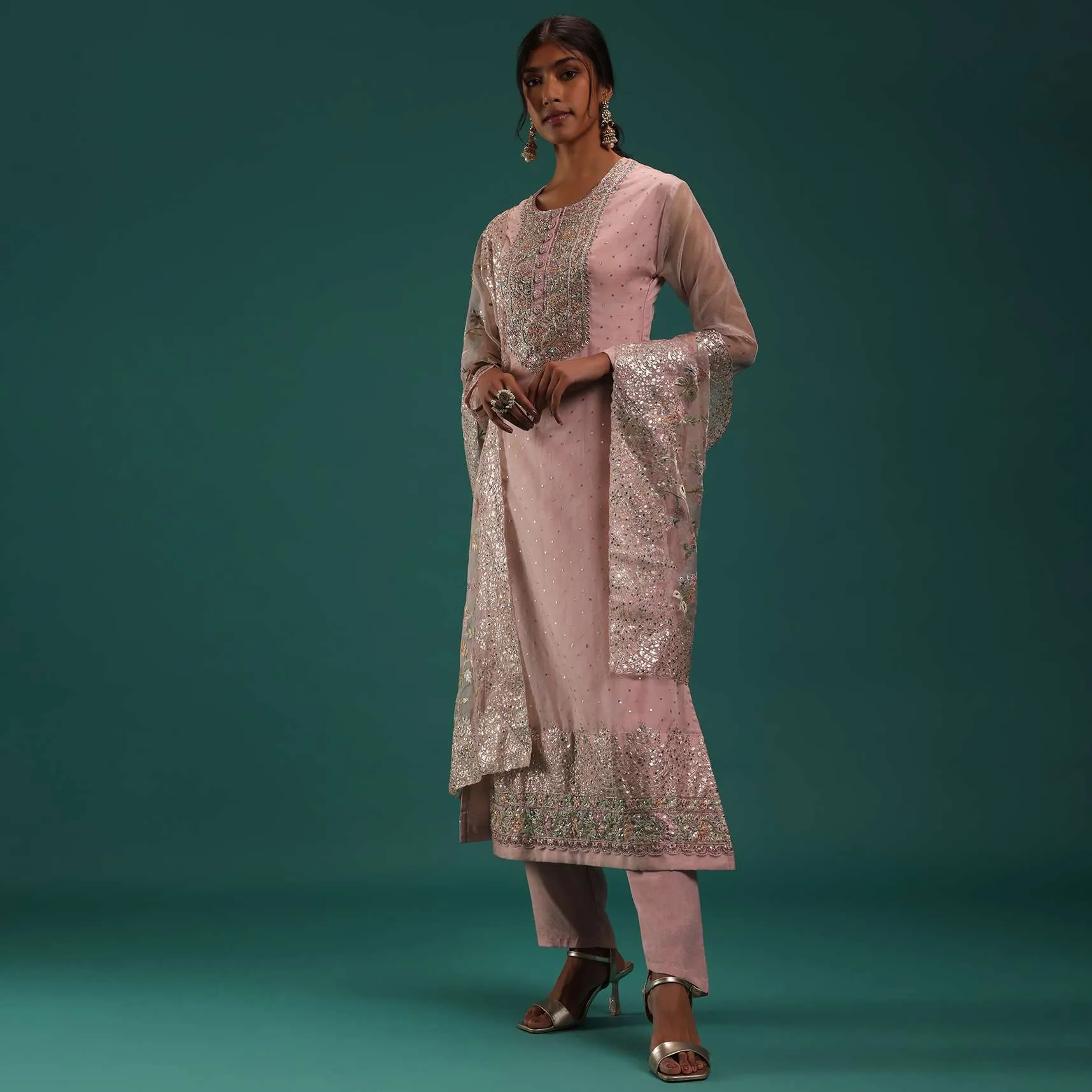 Pastel Pink Organza Kurti Set With Sequins And Zardosi Work