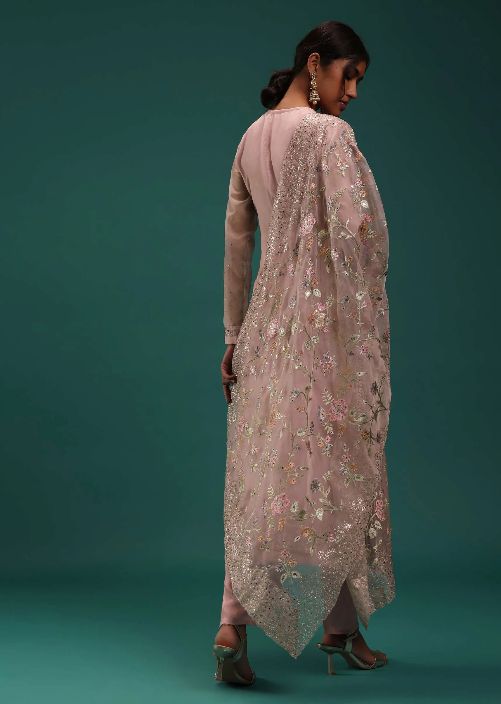 Pastel Pink Organza Kurti Set With Sequins And Zardosi Work