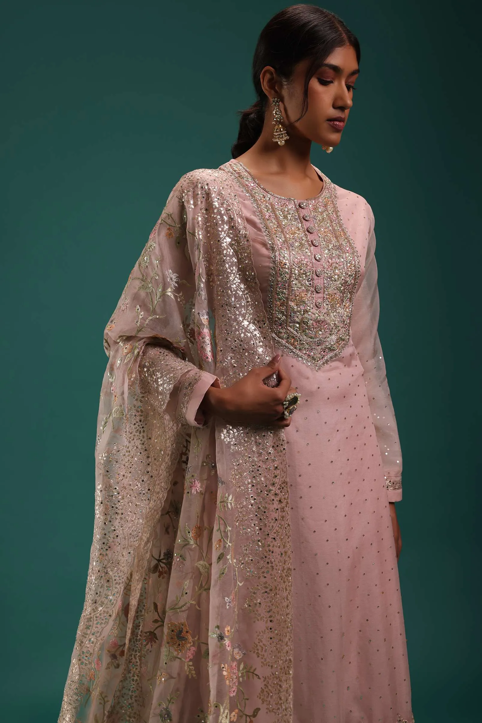 Pastel Pink Organza Kurti Set With Sequins And Zardosi Work