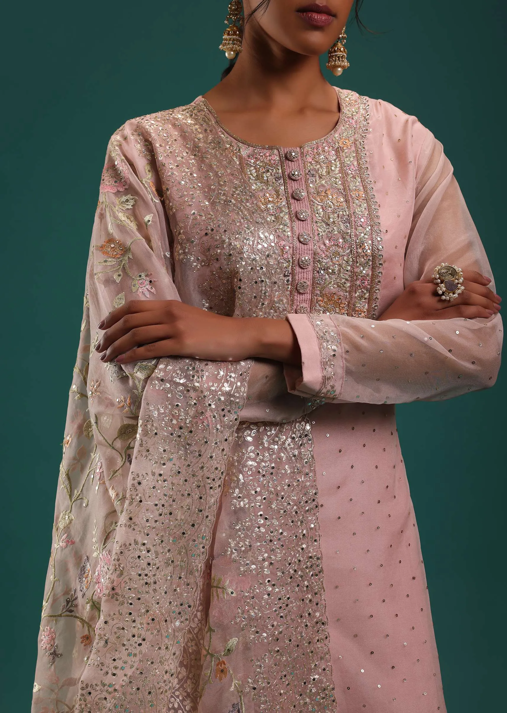 Pastel Pink Organza Kurti Set With Sequins And Zardosi Work
