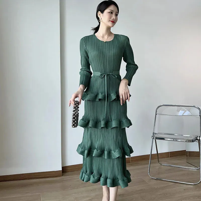Pleat Dresses Autumn Mid-length Women's Black Dress