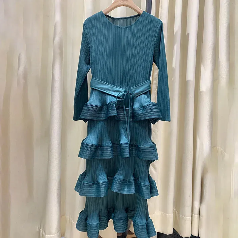 Pleat Dresses Autumn Mid-length Women's Black Dress