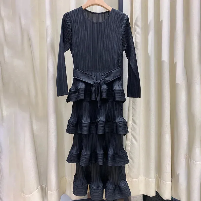 Pleat Dresses Autumn Mid-length Women's Black Dress