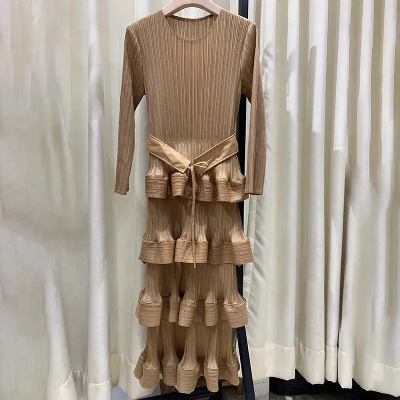 Pleat Dresses Autumn Mid-length Women's Black Dress