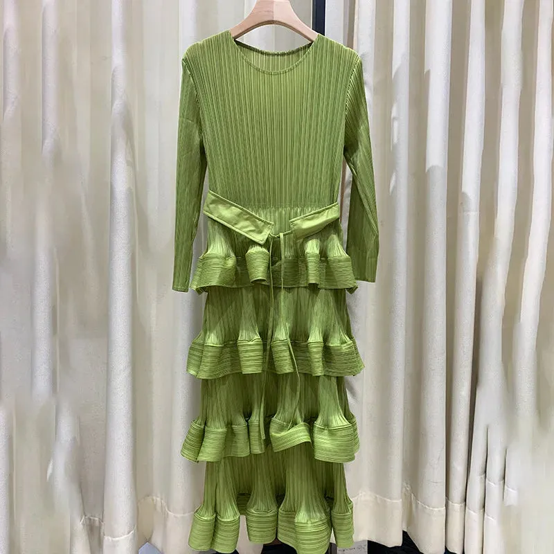 Pleat Dresses Autumn Mid-length Women's Black Dress
