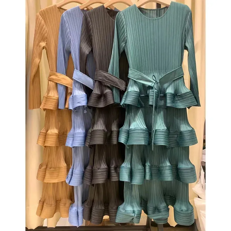 Pleat Dresses Autumn Mid-length Women's Black Dress