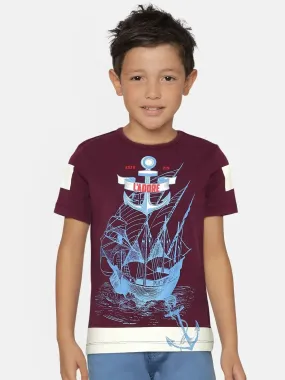 Purple Sailboat Printed Round Neck Cotton T-shirt