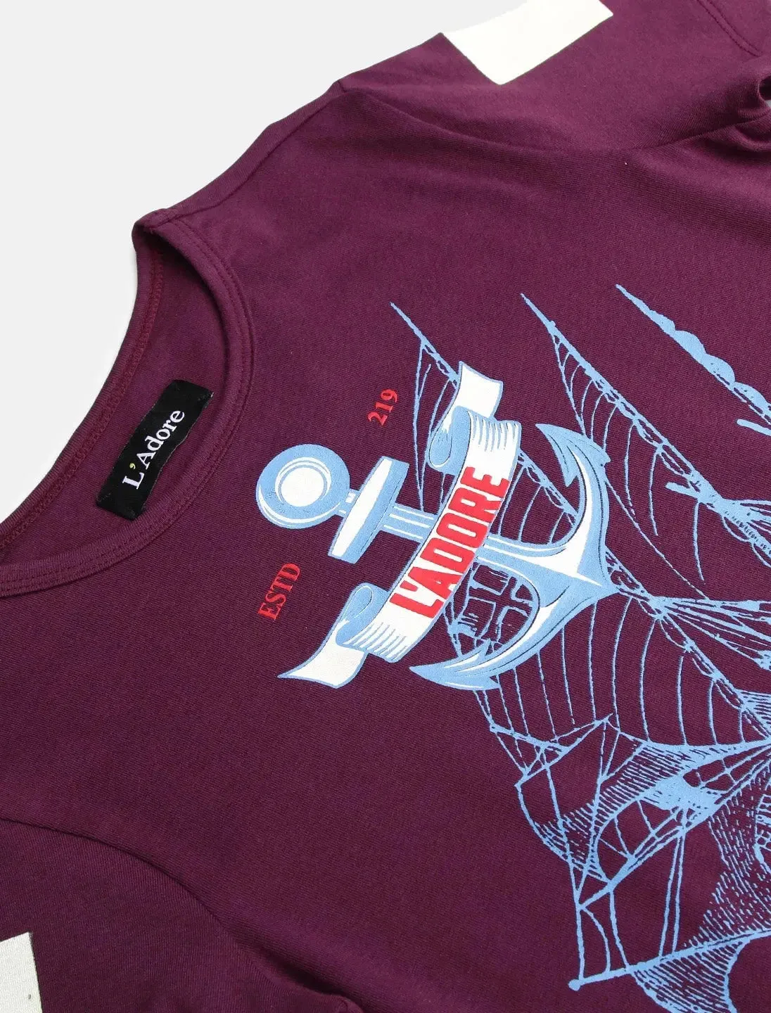 Purple Sailboat Printed Round Neck Cotton T-shirt