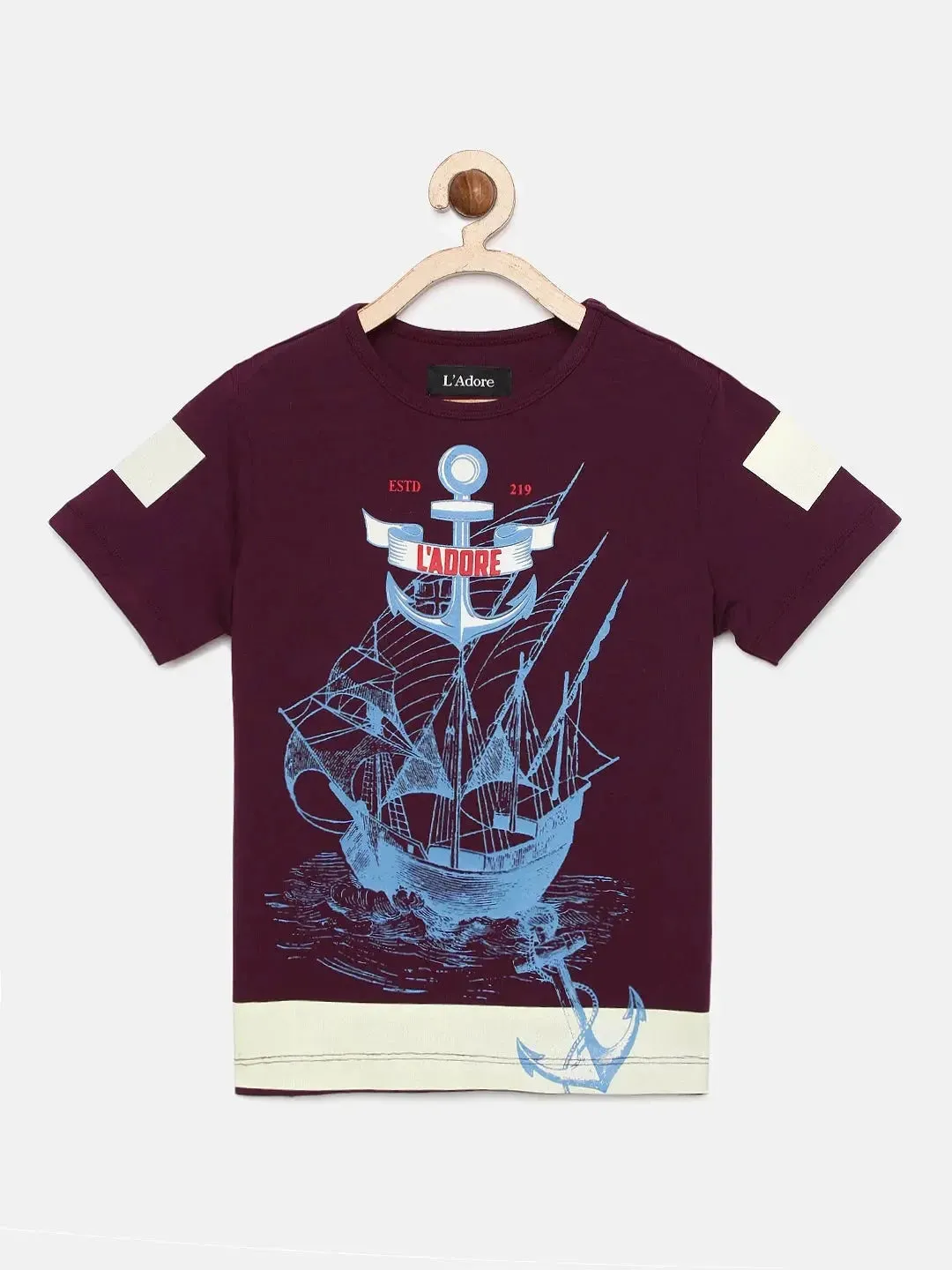 Purple Sailboat Printed Round Neck Cotton T-shirt