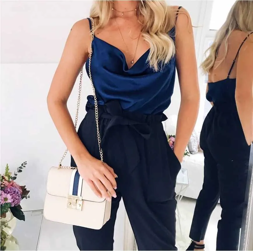Relaxed Adjustable Spaghetti Strap Cow Neck Silk Satin Cami Camisole Top
