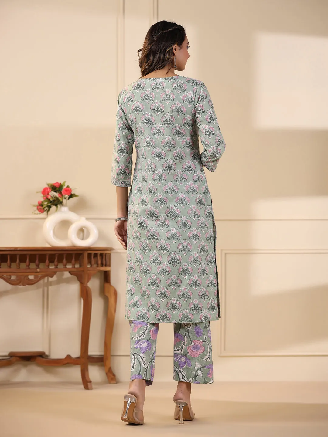Sadabahaar Sea Green & Pink Butti Handblock Printed Cotton Kurta Pant Set
