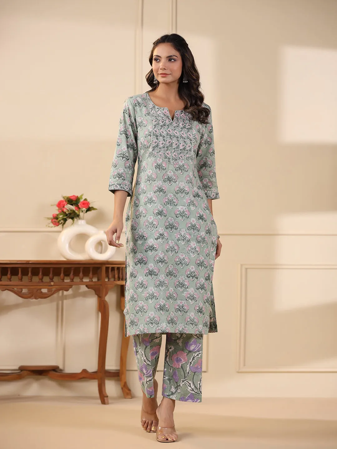 Sadabahaar Sea Green & Pink Butti Handblock Printed Cotton Kurta Pant Set