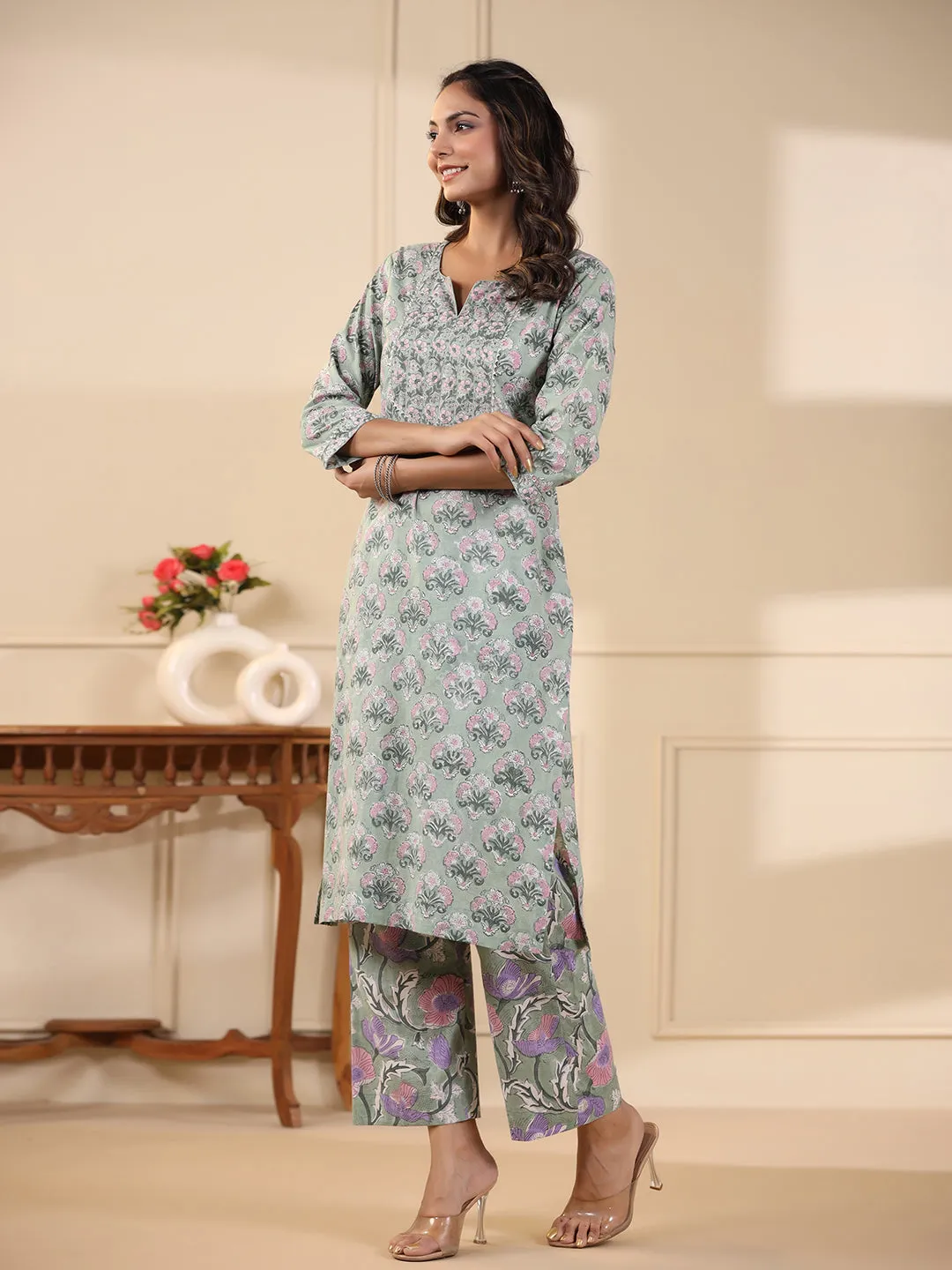 Sadabahaar Sea Green & Pink Butti Handblock Printed Cotton Kurta Pant Set