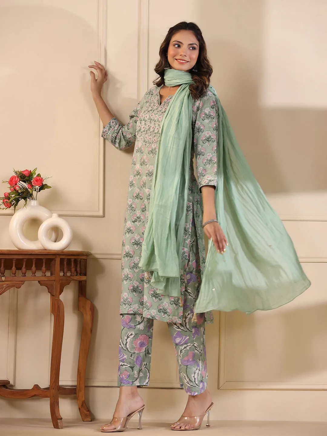Sadabahaar Sea Green & Pink Butti Handblock Printed Cotton Kurta Pant Set