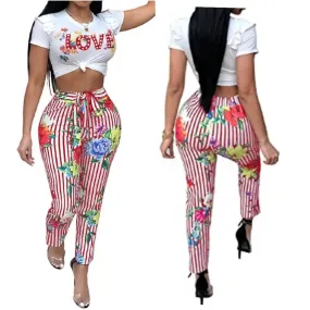 Short Sleeve Letter Floral Print Crop Top   Long Pants Two-Piece Jumpsuit Outfit
