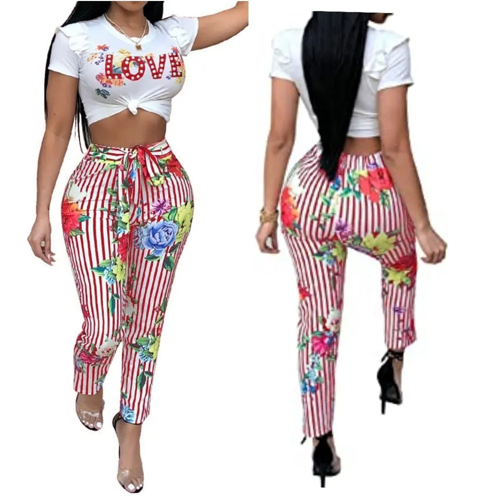 Short Sleeve Letter Floral Print Crop Top   Long Pants Two-Piece Jumpsuit Outfit